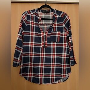 Plaid Zip-Up Top with Pocket 3/4 Sleeves